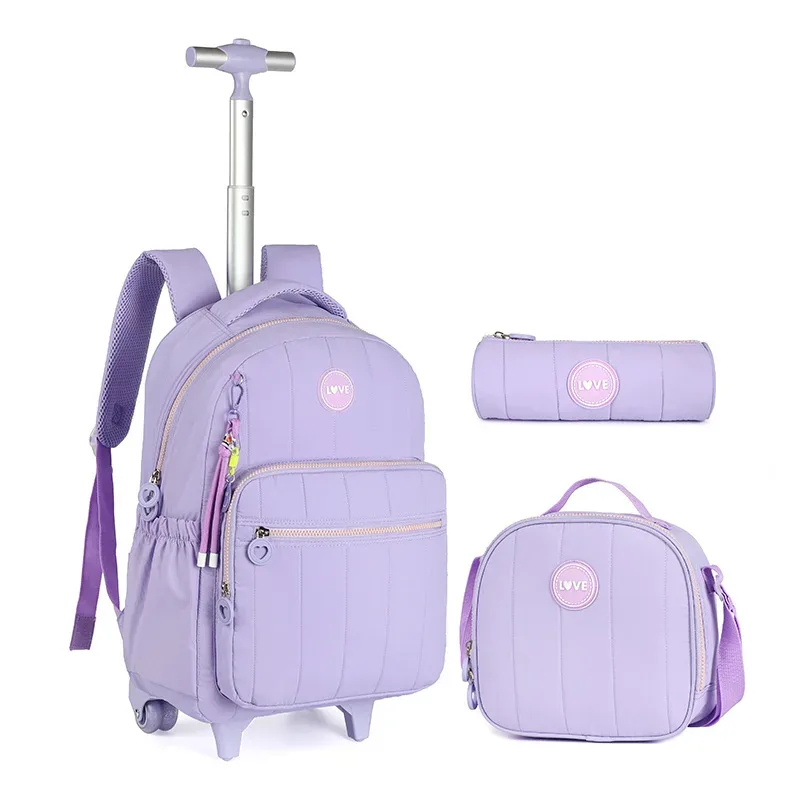 sac à dos à roulettes pour enfants et adolescentes, ensemble de sacs d'école avec sac à déjeuner, bagages à roulettes pour étudiants