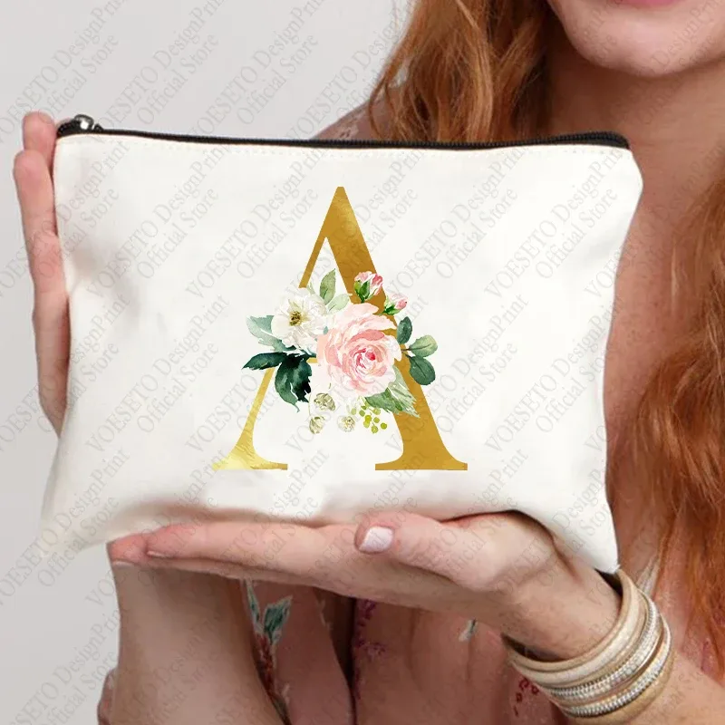 sac à fermeture éclair à motif initial pour femme, trousse de maquillage cosmétique, poudres de toile de bain de mariage, sacs de rouge à lèvres de voyage, cadeau de fête d'enterrement de vie de jeune fille