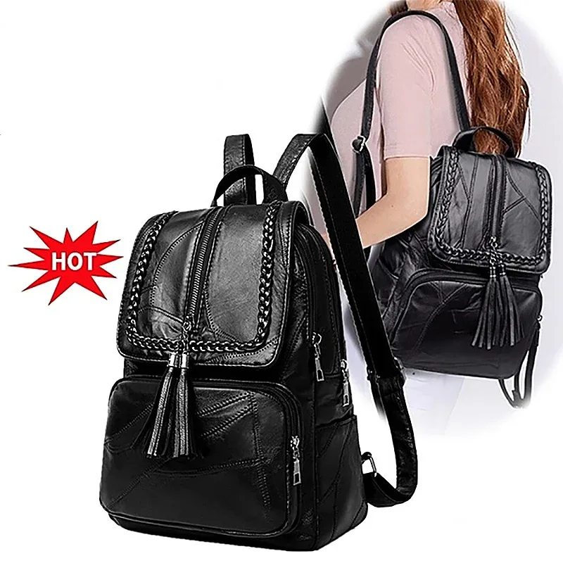 Sac à dos multifonction classique noir pour femmes, sac à bandoulière de voyage imperméable en cuir PU, sac d'école
