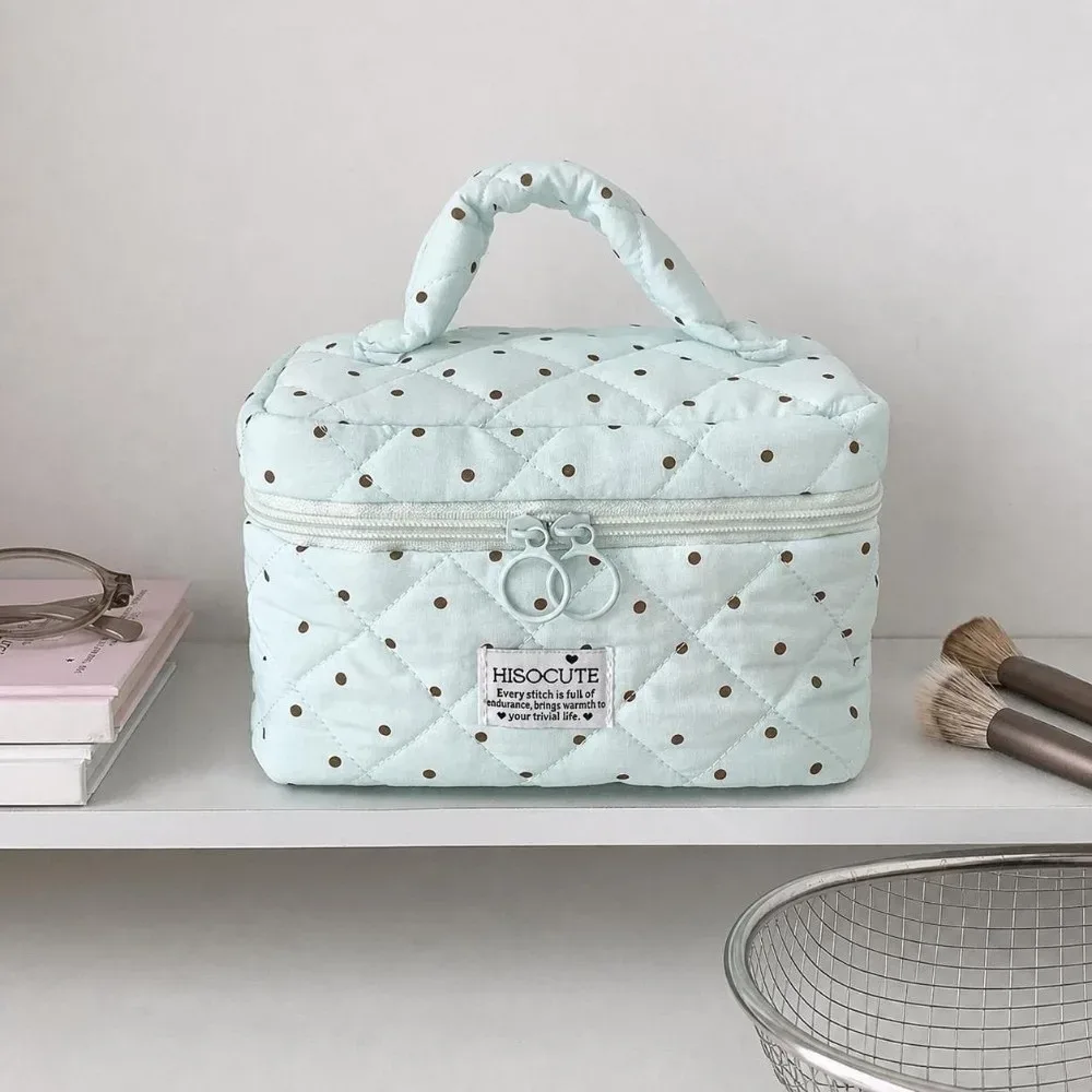 sac de maquillage matelassé à motif à pois kawaii, grande capacité avec poignée, organisateur de toilette de voyage, sac de rangement polyvalent pour femmes