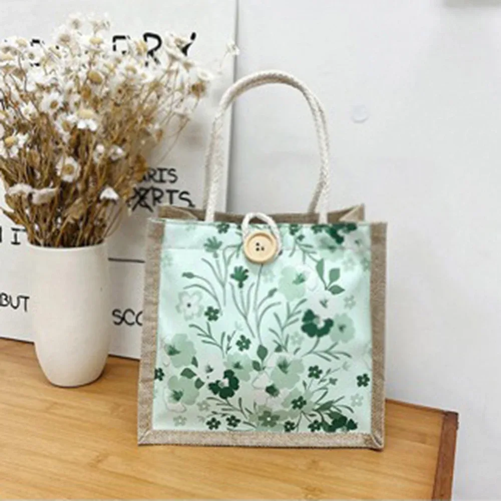 sac fourre-tout en lin avec fermoir à bouton, sac à lunch en poudre, sac fourre-tout, sac à main à bento, impression de fleurs mignonnes, sac à bento alimentaire pour pique-nique