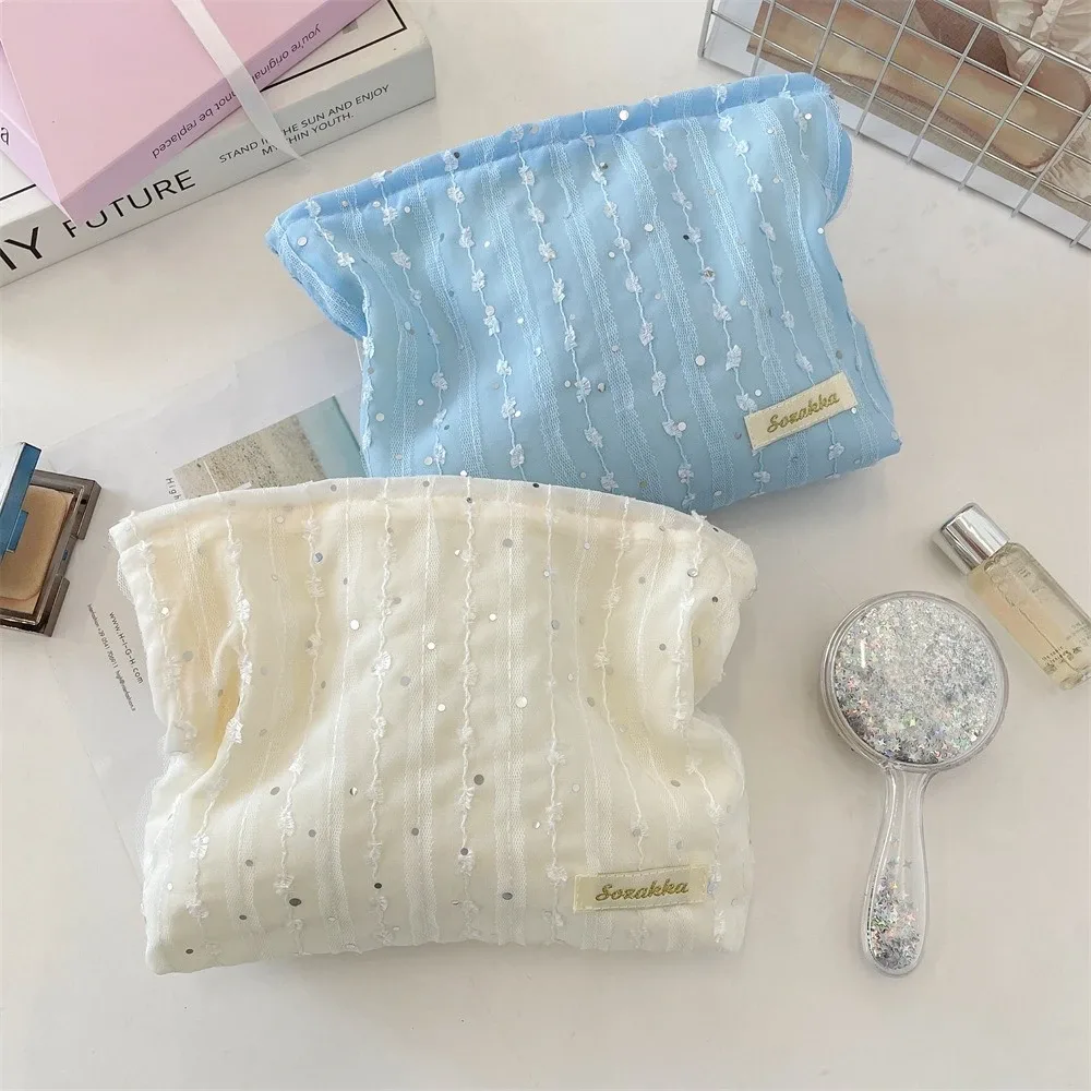 sac à cosmétiques à paillettes rayées en dentelle, trousse de toilette de voyage portable, organisateur de cosmétiques de lavage, sac de rangement de maquillage