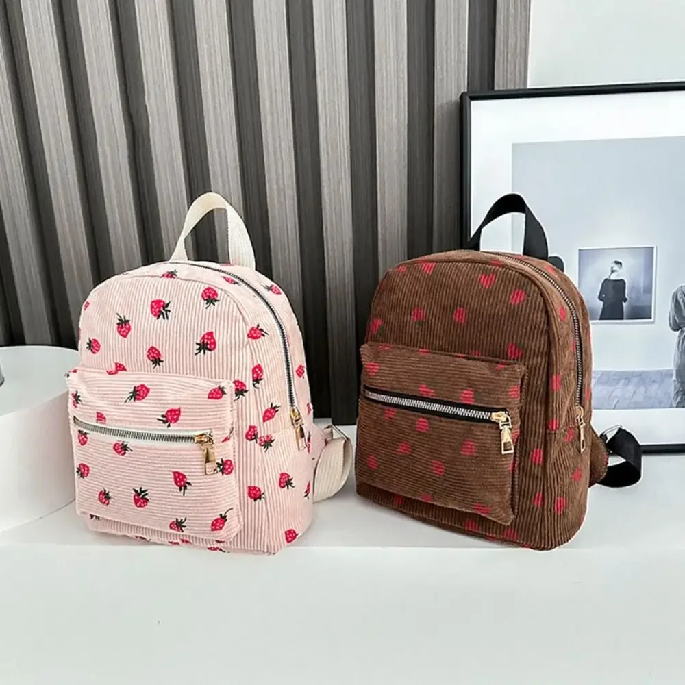 Sac à dos fraise en velours côtelé, multi-poches, sangle réglable, sac à dos de voyage, grande capacité, motif fraise, sac à dos quotidien