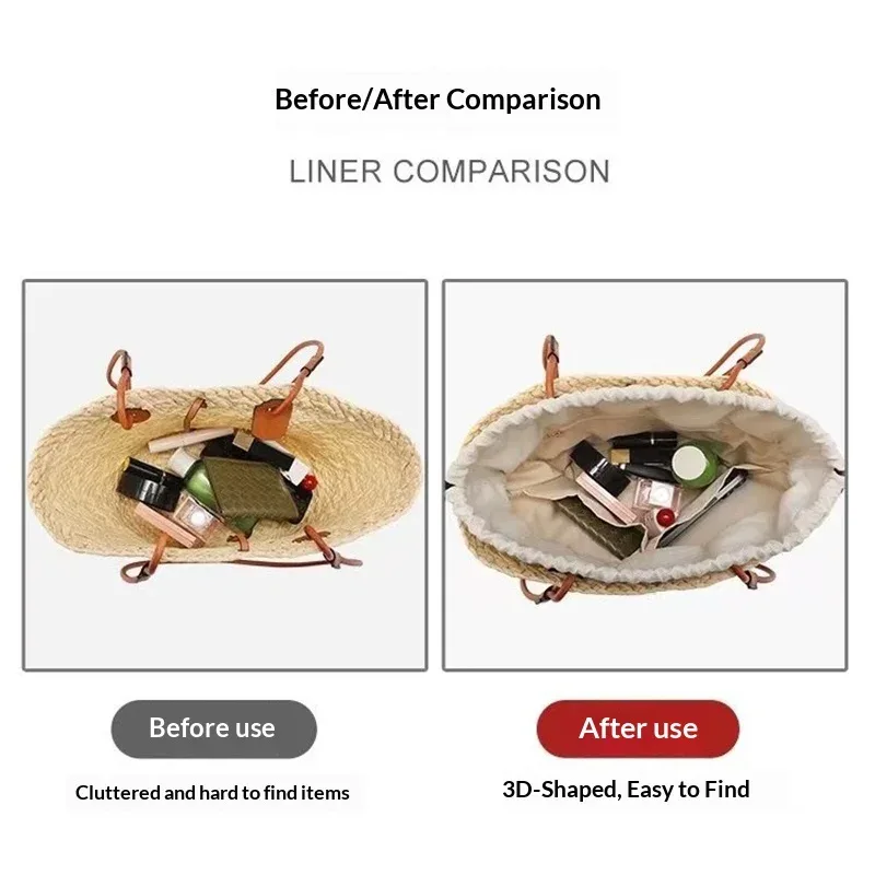 insert organisateur pour sac à cordon avec bandoulière pour sac en paille tressée anagram s/m/l, support et doublure intérieure, accessoires pour sacs