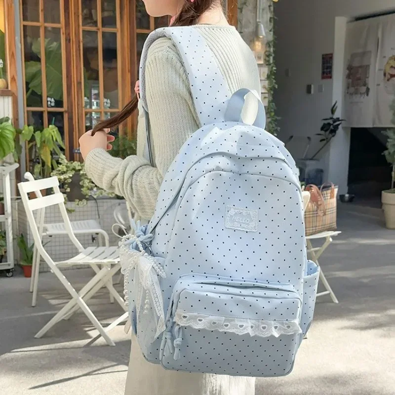 sac à dos en nylon style preppy avec dentelle à pois, sac de voyage léger et décontracté pour étudiante, idéal pour les trajets quotidiens