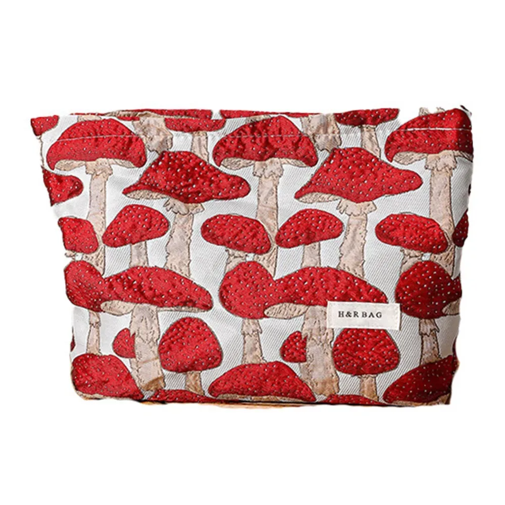 sac de maquillage en toile simple, sac de rangement de lavage imprimé champignon rouge, sac à main portable de taille m/l, rangement de produits de soins de la peau