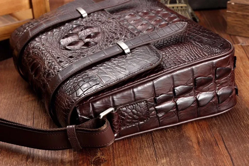 sac à bandoulière messager en peau de crocodile 100% véritable/réel pour hommes, sac à bandoulière en peau de crocodile pour loisirs et affaires marron