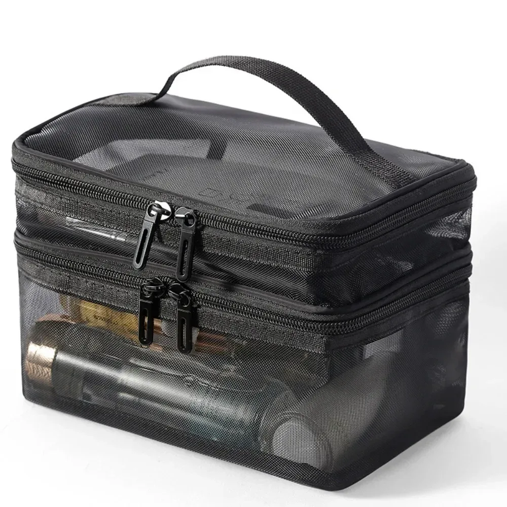 sac de voyage en maille transparente pour femmes, sac de rangement pour cosmétiques, trousse de toilette à 2 couches, sac de rangement de grande capacité pour maquillage