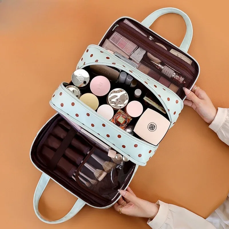 trousse de maquillage grande capacité à pois, sac de voyage portable pour cosmétiques, trousse de toilette étanche à main pour femmes