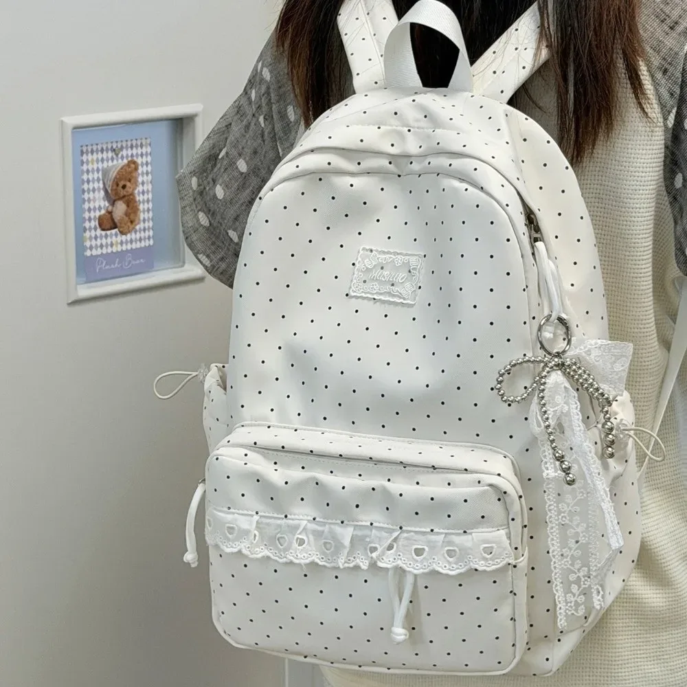 sac à dos de voyage mignon à pois, grande capacité, avec dentelle, cartable d'étudiant, sac à dos multi-poches en nylon pour ordinateur portable