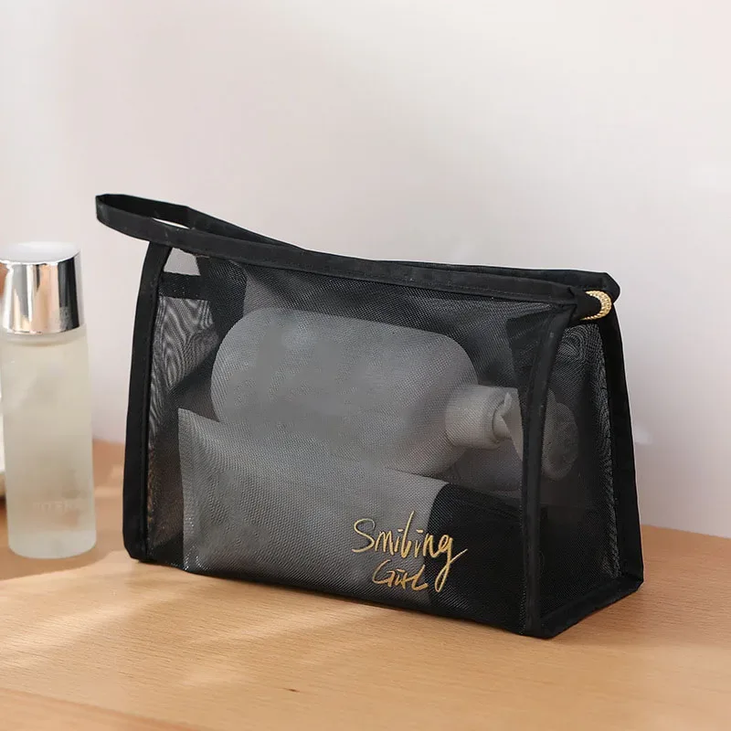 1pc 2025 noir maille sac cosmétique petits grands sacs de maquillage pochette à fermeture éclair pour les bureaux sacs de rangement de voyage sacs de toilette pochette de maquillage
