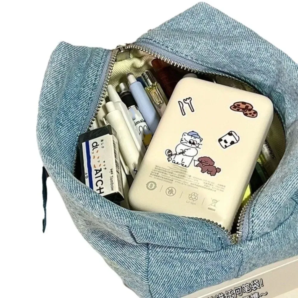 sac de maquillage en jean bleu uni, style coréen, organisateur de voyage, sacs cosmétiques en jean, sac de rangement vintage à fermeture éclair pour articles de papeterie