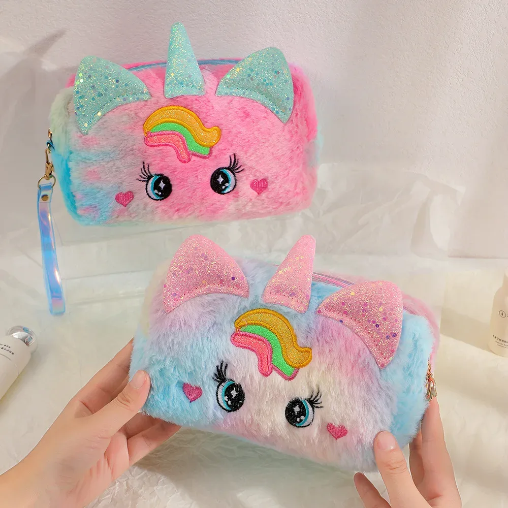 dessin animé licorne grands yeux en peluche trousse de maquillage fille mignon transporter voyage trousse de toilette étudiant papeterie stylo sac pour l'organisation de voyage