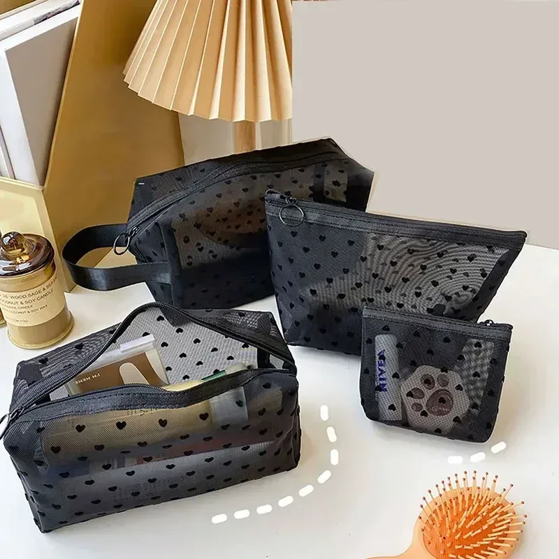 neceser noir coeur voyage sac cosmétique mode maille petit grand sac de toilette pochette de rangement de maquillage sac cosmétique à fermeture éclair transparente