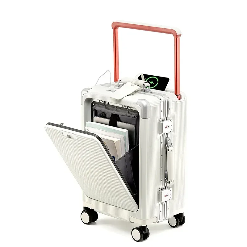 valise de voyage à cadre en aluminium, large, avec porte-gobelet, bagage à main 20 pouces, valise à roulettes 24/26 pouces, bagage cabine