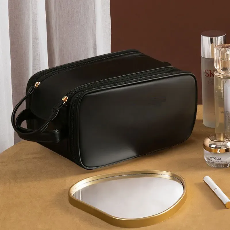 sac de maquillage multifonctionnel pour femmes en cuir pu, grande capacité, portable, double fermeture éclair, sac de rangement pour pinceaux de maquillage et articles de toilette