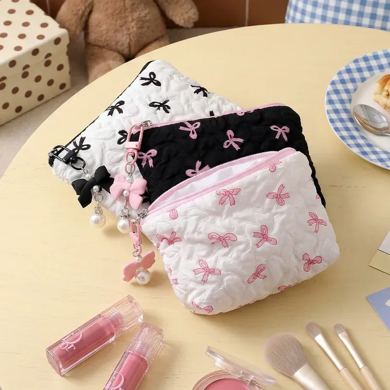 nouvelle trousse de maquillage élégante à nœud, grande capacité, pochette de maquillage à main, trousse de toilette portable pour femmes, organisateur de rangement pour rouges à lèvres