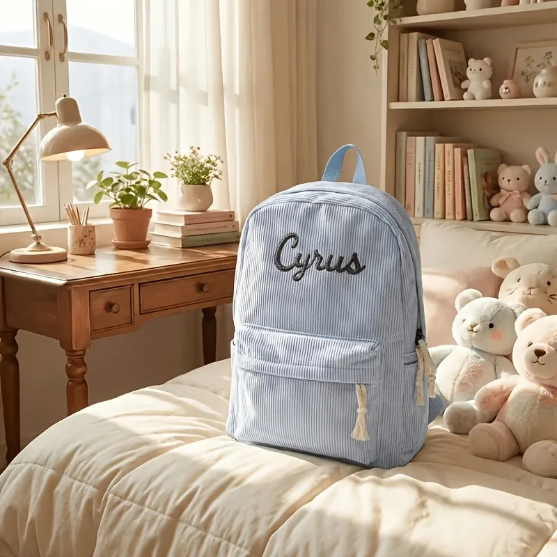 sac à dos personnalisé en velours côtelé pour enfants, design brodé, léger et décontracté, idéal pour la rentrée scolaire et les voyages