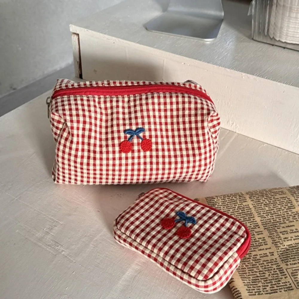 trousse de maquillage rouge à carreaux cerise, trousse à cosmétiques portable, organisateur de voyage, porte-cartes, pochette à monnaie de grande capacité