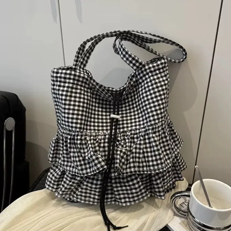 sac fourre-tout pour femme, à volants, à carreaux, avec cordon de serrage, sac à main en toile tendance, grande capacité, sacs coréens, bolsos de mujer