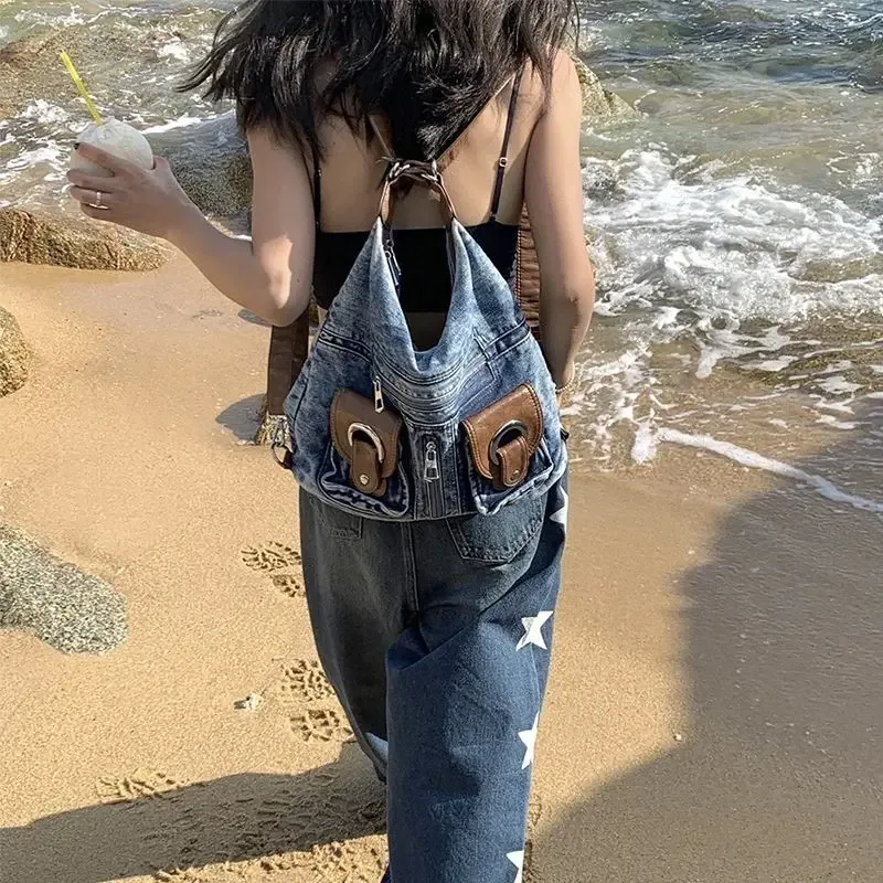 un sac à dos polyvalent pour femmes, grand sac de niche, aspect haut de gamme, grande capacité, sac à dos en denim le plus vendu