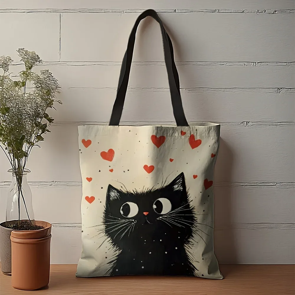 Sac fourre-tout en Polyester de grande capacité, sac à bandoulière rectangulaire avec imprimés de chat noir et de cœur, Durable pour le Shopping, 1 pièce