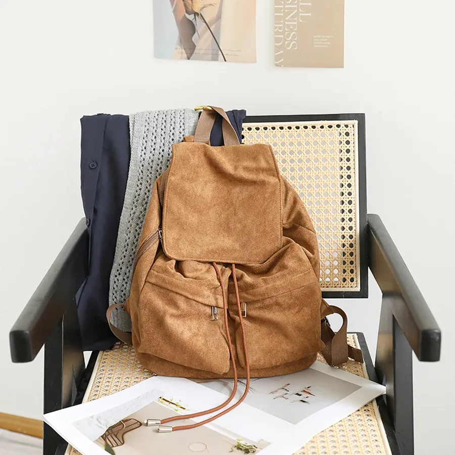 sac à dos en daim pour femme, sac à bandoulière décontracté pour trajets quotidiens, sac à cordon pour femme, mochilas, rucksack, sac d'école