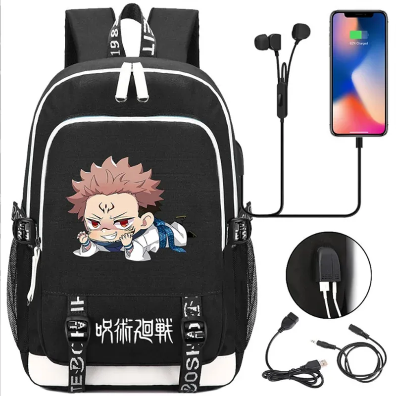 jujutsu kaisen anime sacs à dos adolescents livre cartable unisexe mode usb port de charge ordinateur portable voyage épaule en plein air mochila