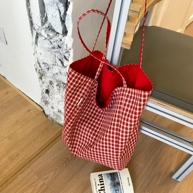 sac en toile à carreaux double face, multicolore, grande capacité, sac fourre-tout à bandoulière pour femmes, sac de shopping