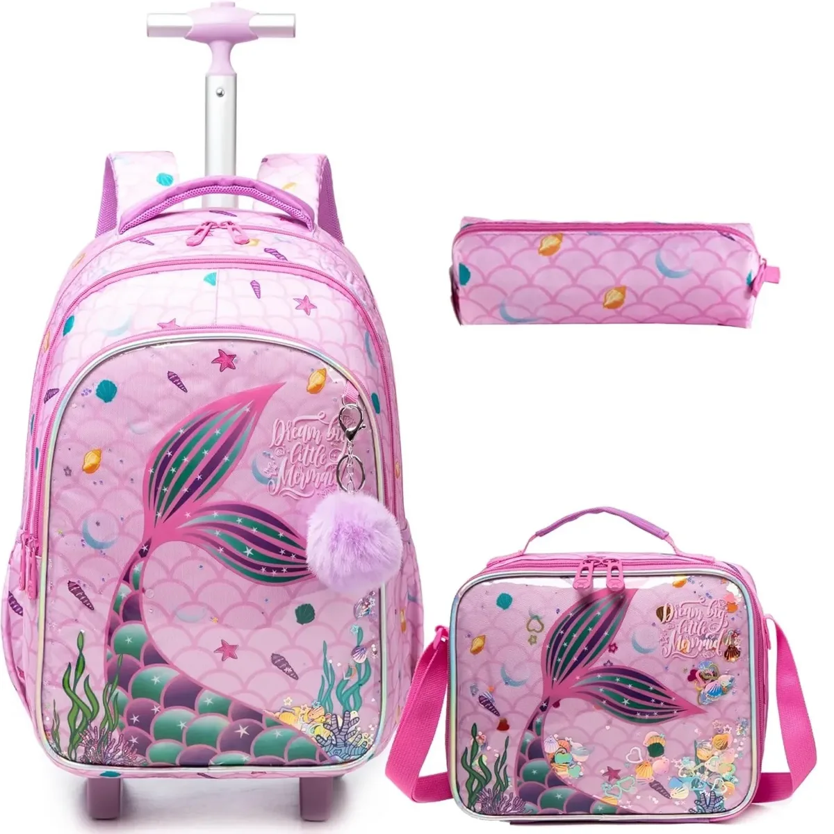 ensemble de sac à dos à roulettes pour enfants avec boîte à lunch, sac à dos scolaire à roulettes, sac à dos trolley pour filles