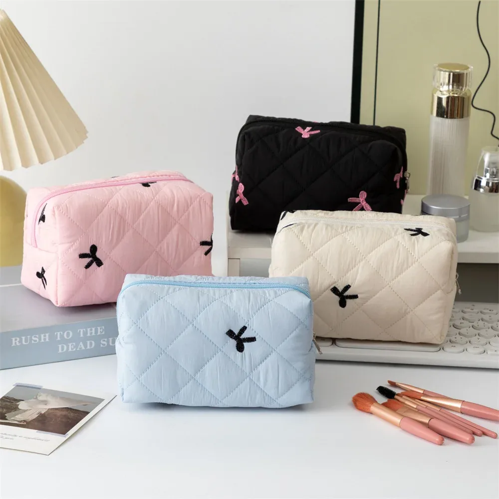 trousse de maquillage avec nœud pour femme, sacs à cosmétiques de voyage brodés avec nœud papillon, grande capacité, sac de rangement pour maquillage et toilette