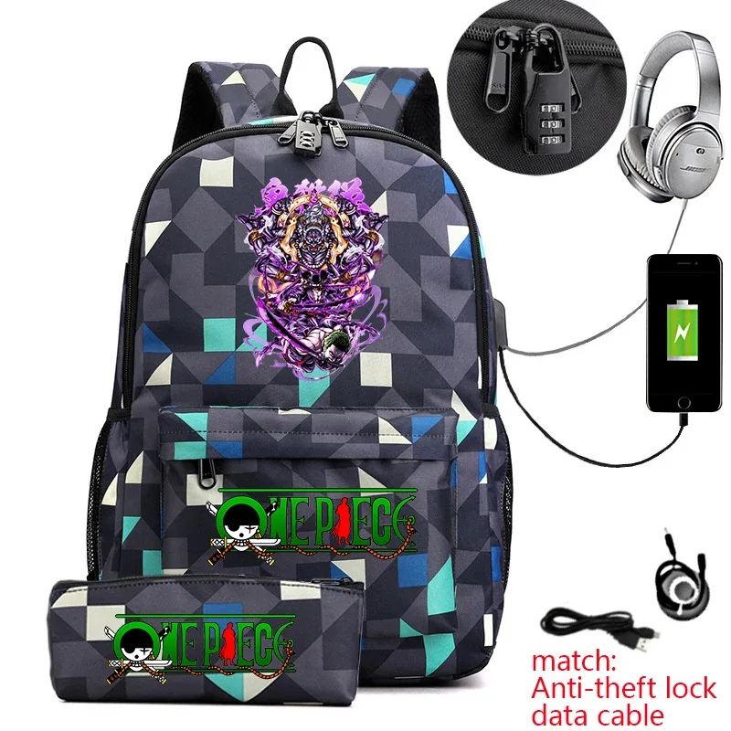 sac à dos d'école imprimé one piece zoro, antivol, pour enfants et adolescents, avec trousse à crayons