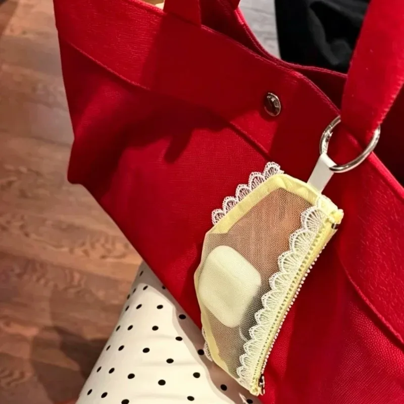 pochette de rangement transparente en maille tendance avec bordure en dentelle, pour cosmétiques, maquillage, bijoux et écouteurs, décorative avec fermeture éclair