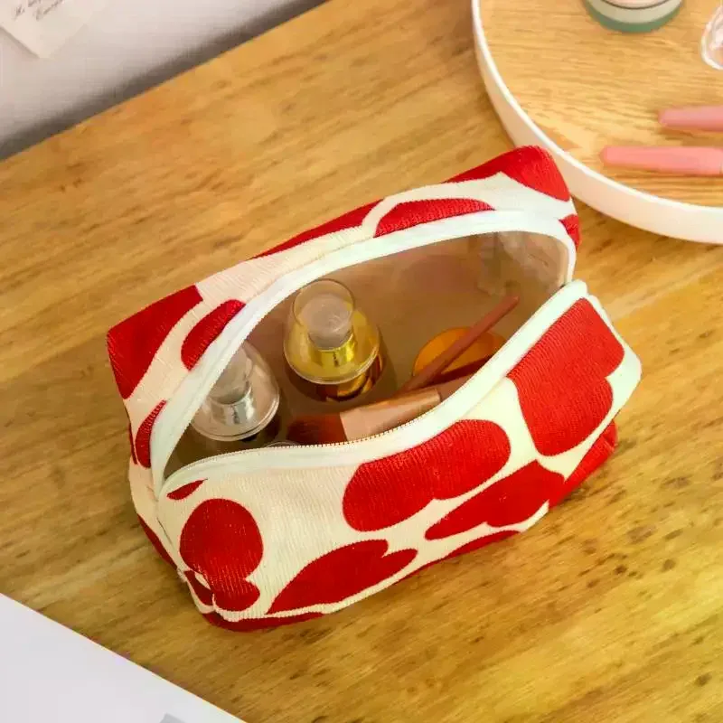 sac à cosmétiques en velours côtelé pour femmes, pochette de maquillage portable de voyage, sac de rangement de toilette de lavage, sac à main organisateur de crayons mignon