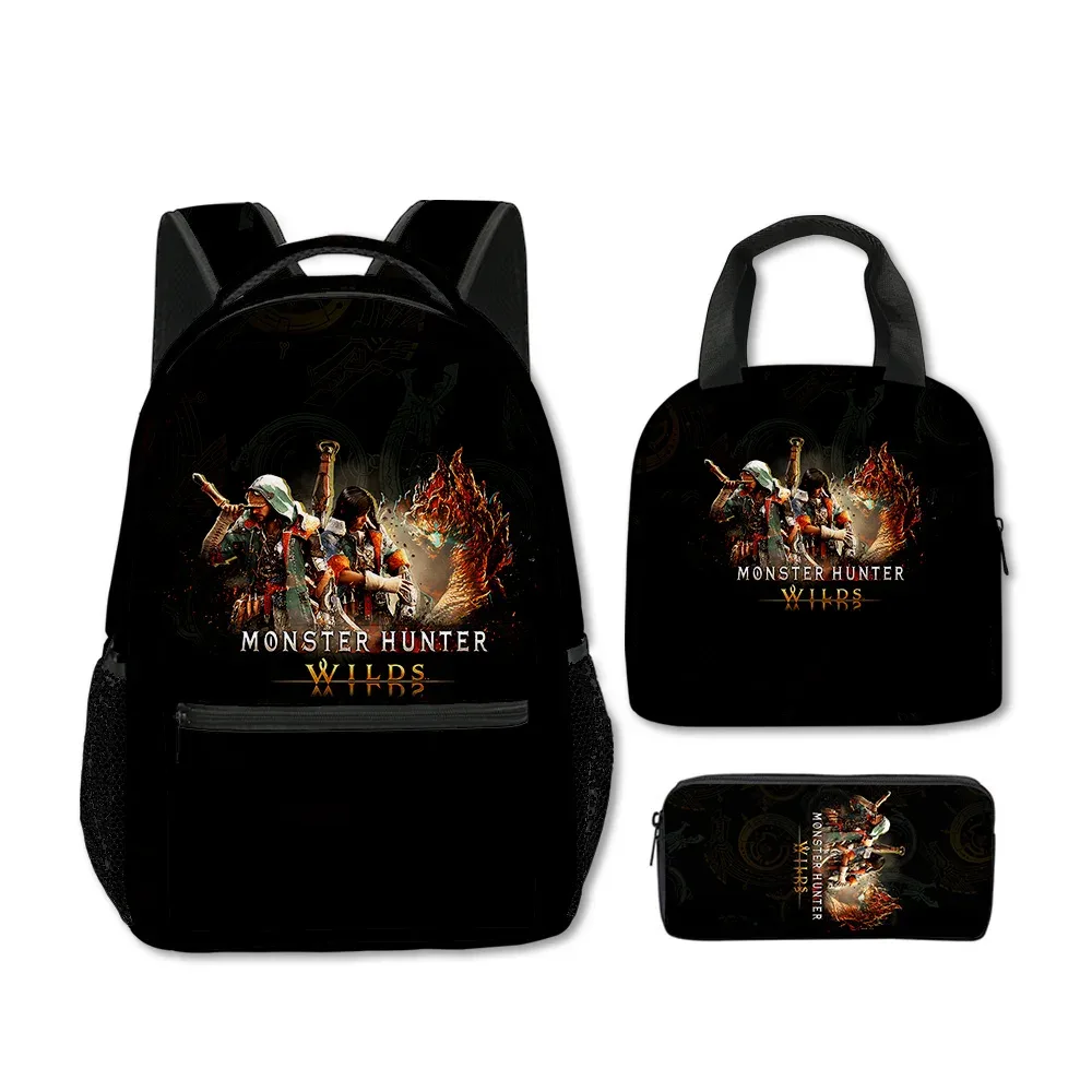 sacs d'école classiques populaires et amusants avec impression 3d de monstres sauvages, 3 pièces/ensemble, sac à dos de voyage, sac à déjeuner portable, trousse à crayons