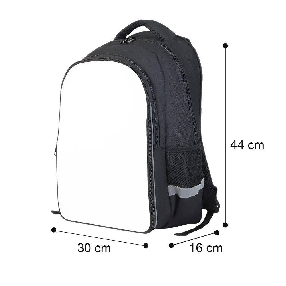 sac à dos d'étudiant noir vierge pour sublimation, double couche, avec bande de protection fluorescente pour impression par transfert thermique