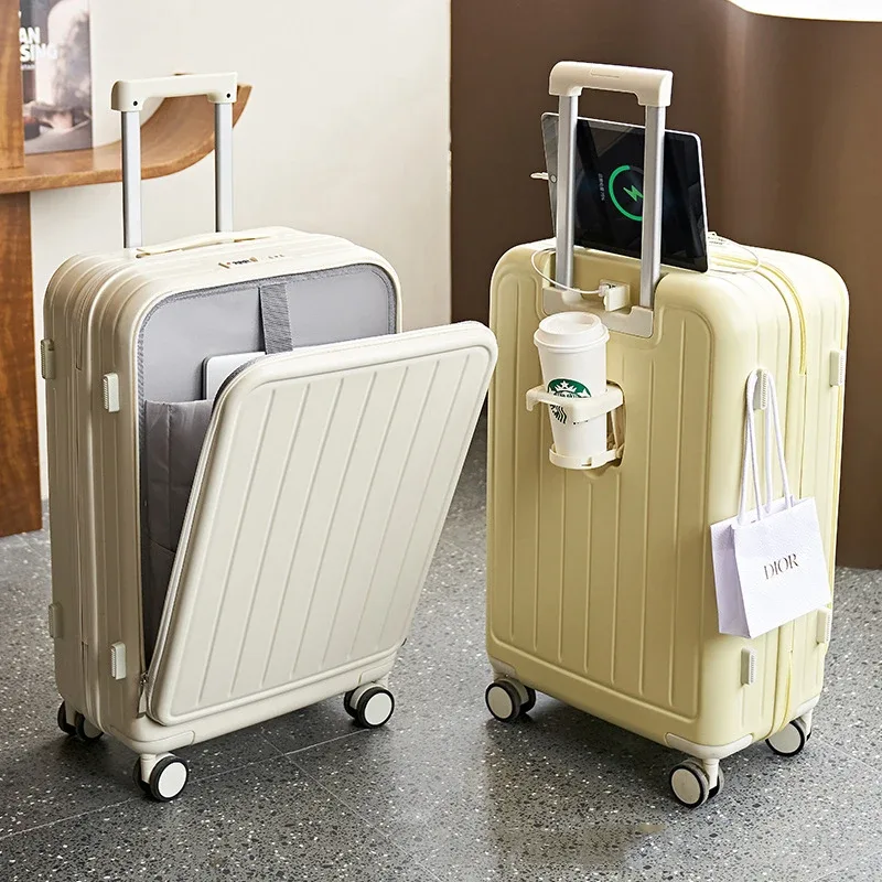 valise de voyage multifonctionnelle avec porte-gobelet, couverture ouverte avant, valise à roulettes, boîte d'