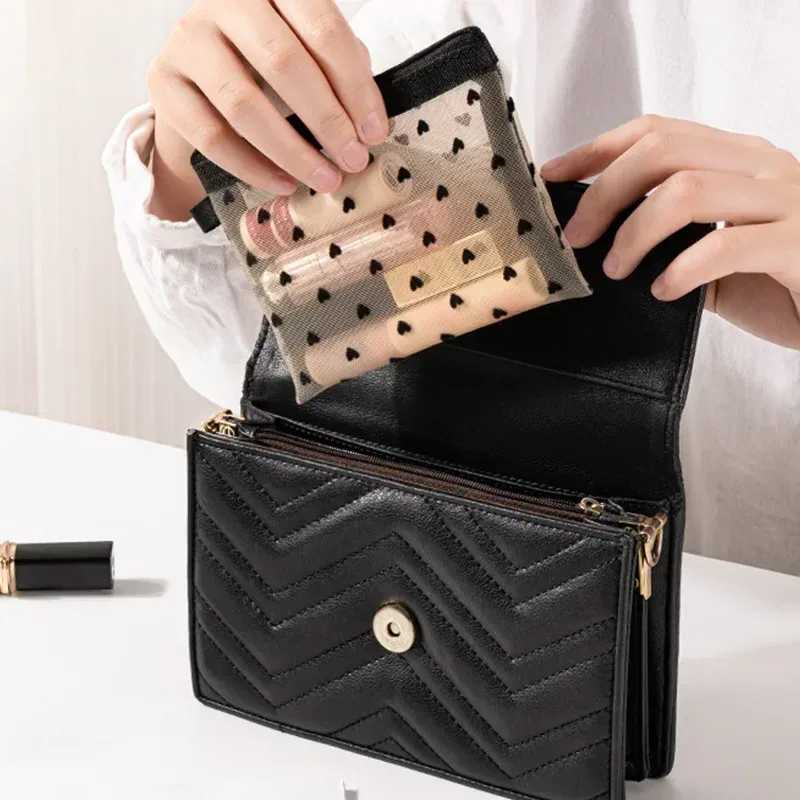 trousse de maquillage en maille, petite pochette transparente pour cosmétiques pour femmes, mini organisateur de rouge à lèvres, carte de voyage, trousse de toilette, pochette de rangement pour sac à main