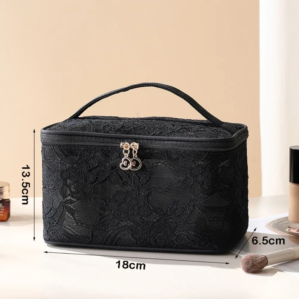 sac de maquillage portable élégant, motif floral en dentelle, trousse de toilette de voyage avec poignée, sac à main de grande capacité pour femmes