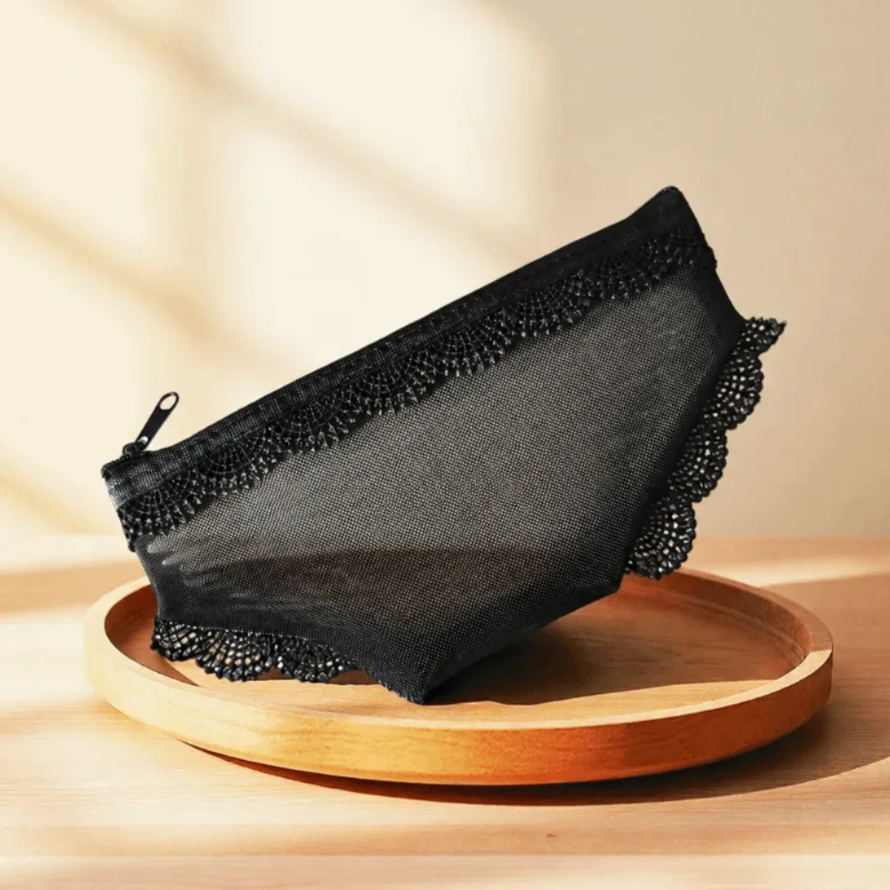 pochette de rangement cosmétique unique en forme de cœur en dentelle transparente, trousse de toilette y2k en maille pour le voyage