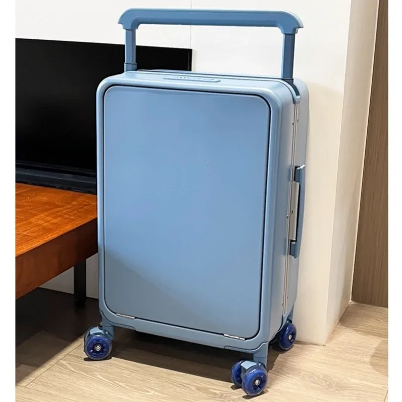 valise à roulettes avec poche pour ordinateur portable à ouverture frontale, poignée large, cadre en aluminium, serrure tsa, pour femme, en matériau pc, idéale pour les voyages et les entrepôts.