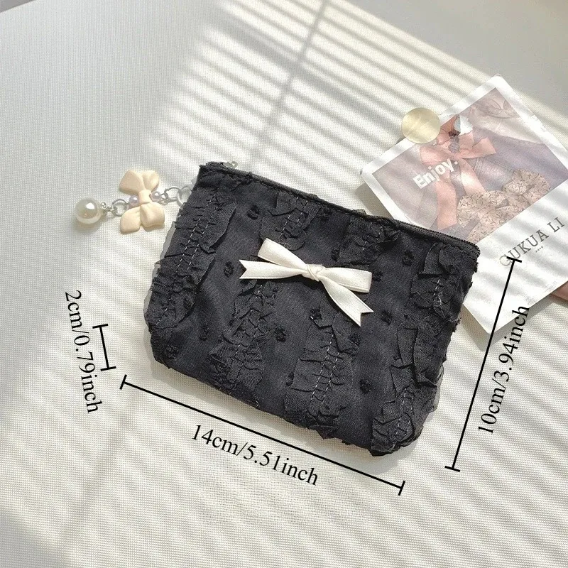 mini trousse de maquillage mignonne, nœud en dentelle, sac à main porte-monnaie portable, sac de rangement de cosmétiques pour dames