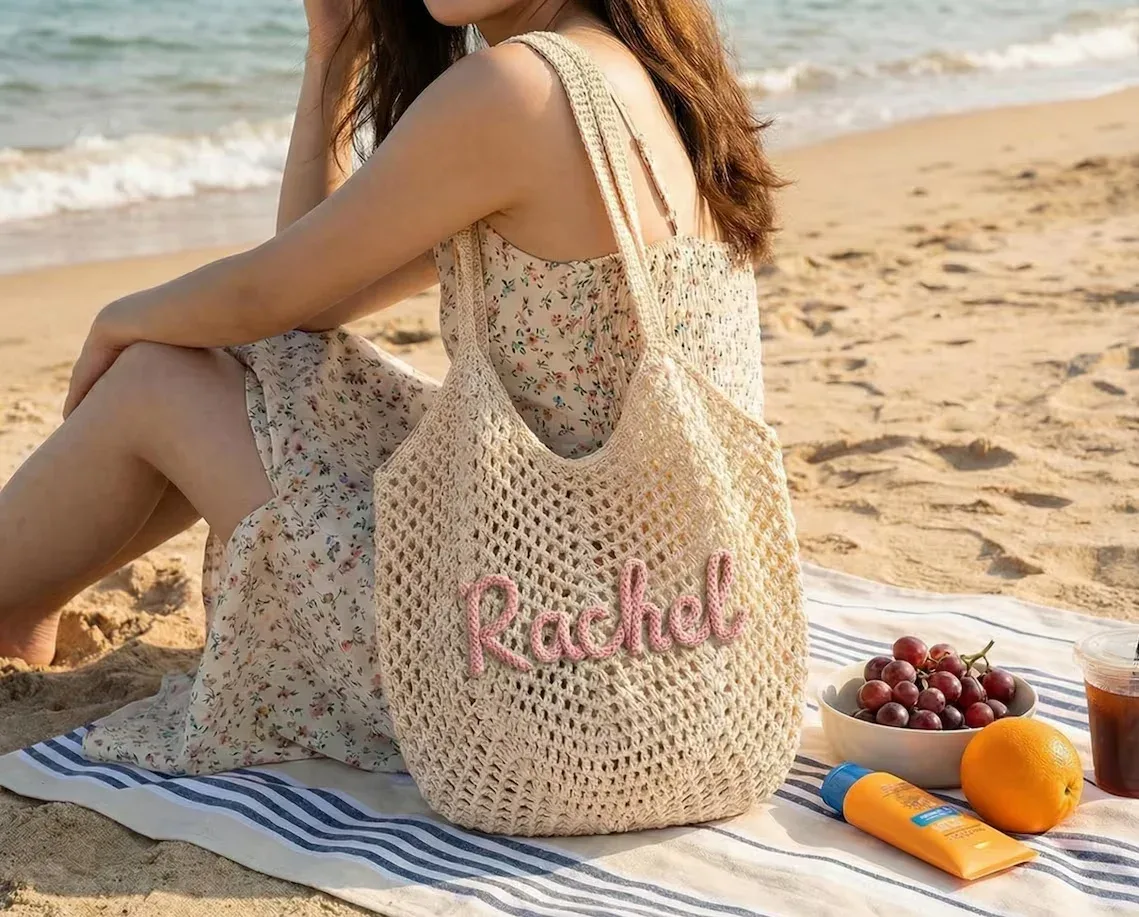 sac de plage au crochet personnalisé, sac fourre-tout d'été, sac cadeau pour demoiselle d'honneur, sac cadeau pour enterrement de vie de jeune fille, sac artisanal écologique