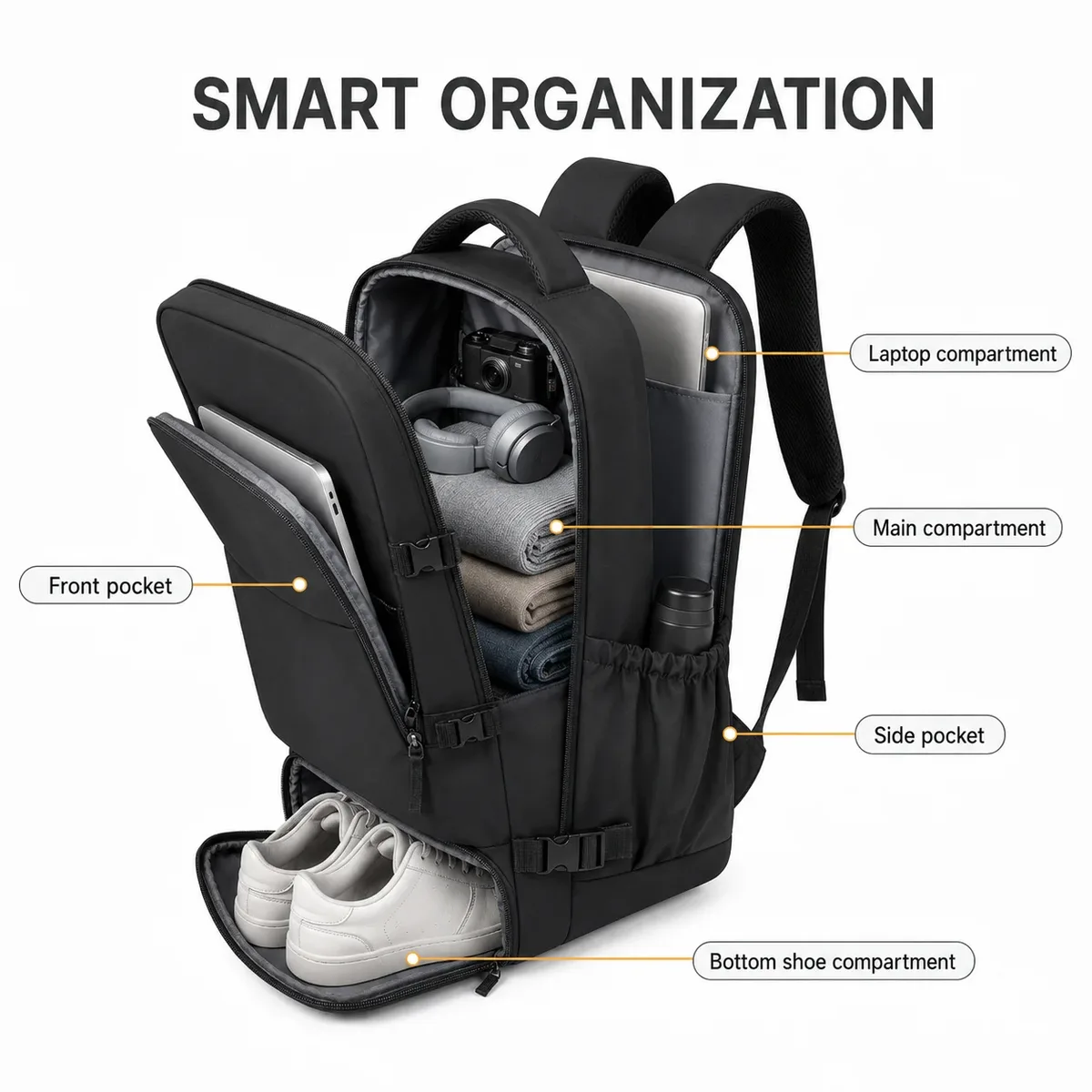 sac à dos de voyage grande capacité pour hommes et femmes, sac pour ordinateur portable 14 pouces, ouverture à 180 degrés, sac à dos cabine avec sangle pour bagage