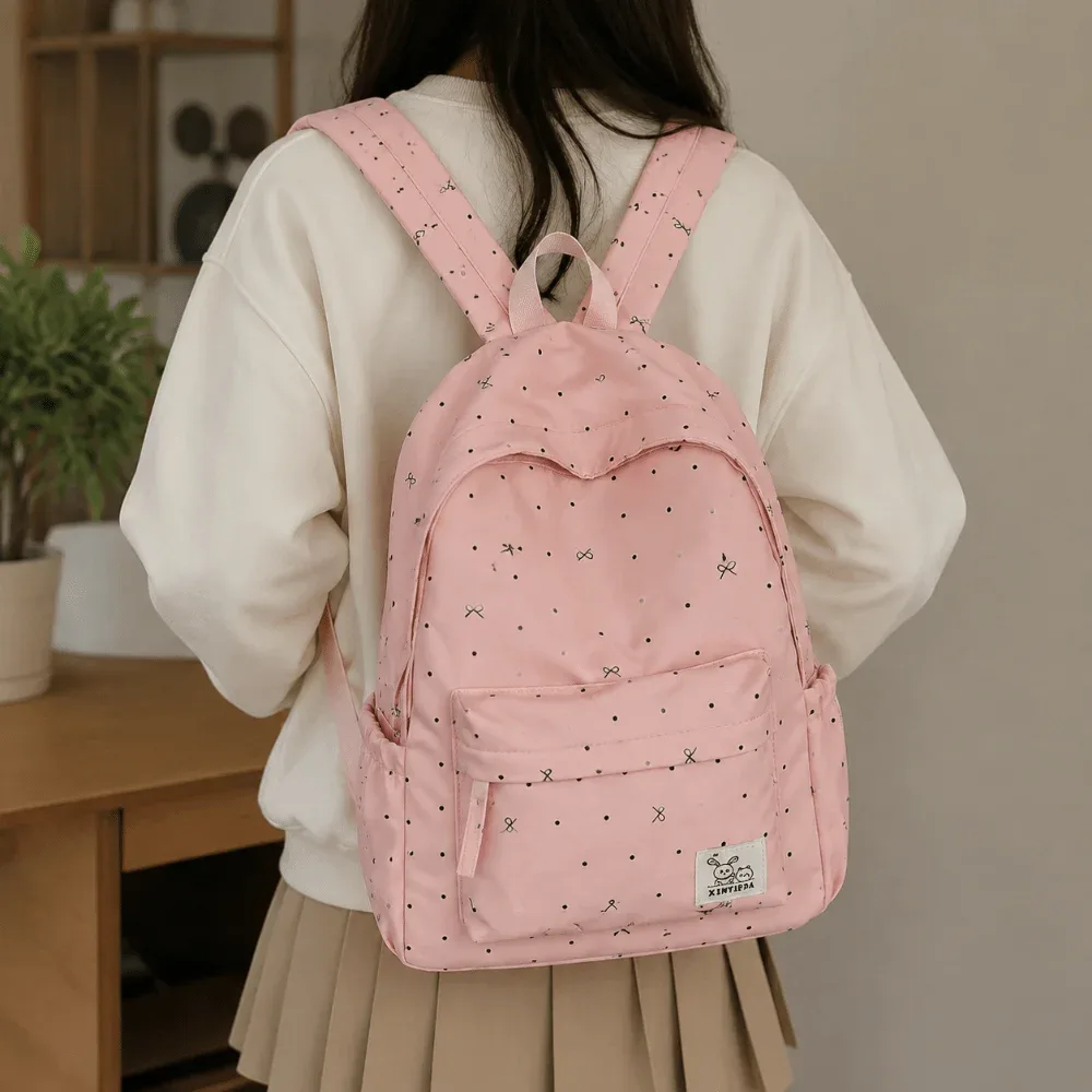 sac à dos léger et mignon à pois avec nœud, décontracté, pour étudiants, polyvalent, respirant, grande capacité, pour l'école et l'université