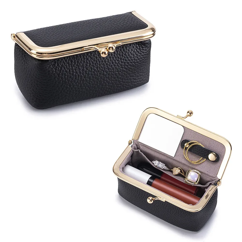 trousse de rangement portable en cuir pour femmes avec fermeture kiss-lock, miroir intégré, organiseur pour rouge à lèvres, bijoux, écouteurs, idéale pour les voyages