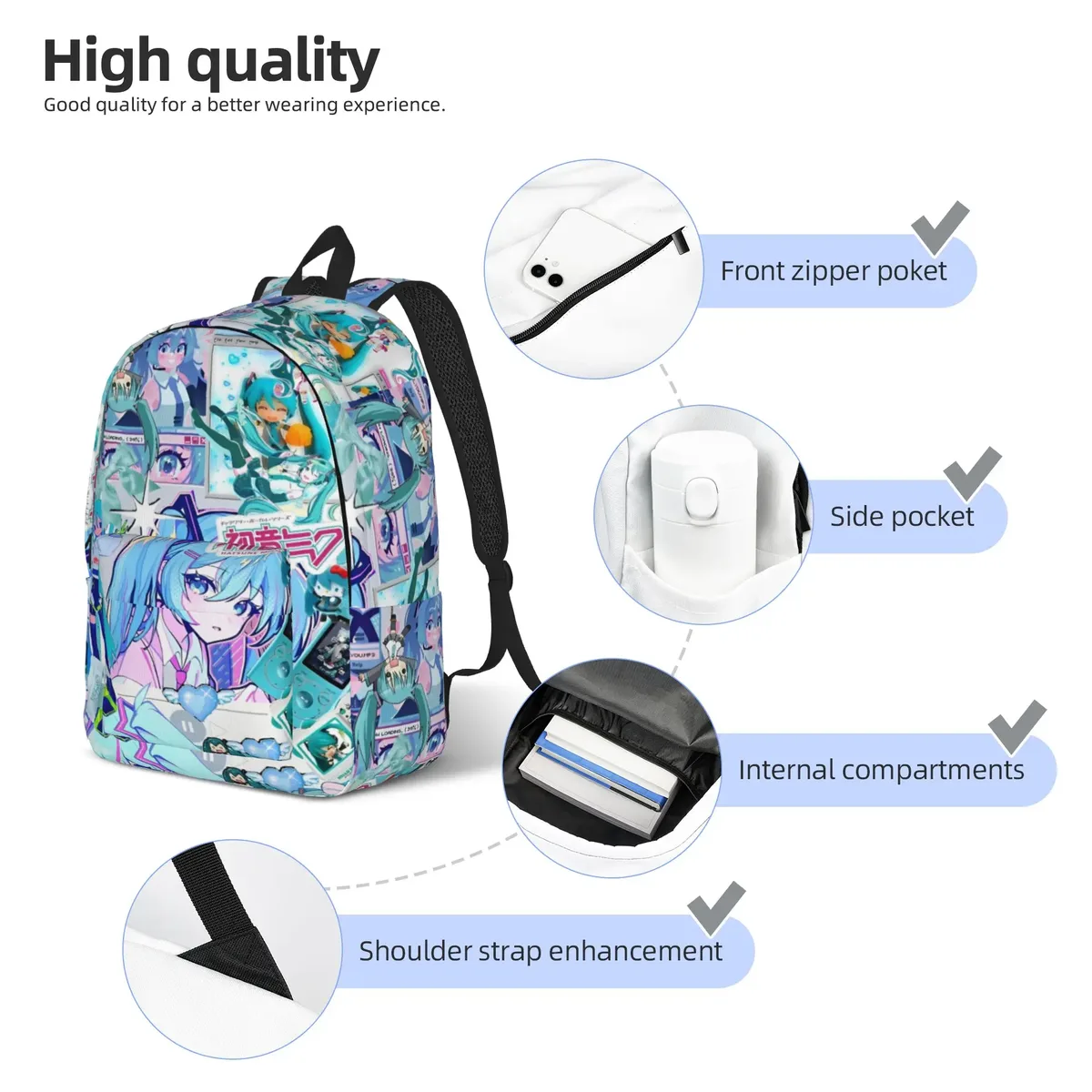 sac à dos hatsune miku pour hommes et femmes, sac à dos décontracté pour étudiants, randonnée, voyage, sac à dos pour ordinateur portable, sacs en toile pour le sport