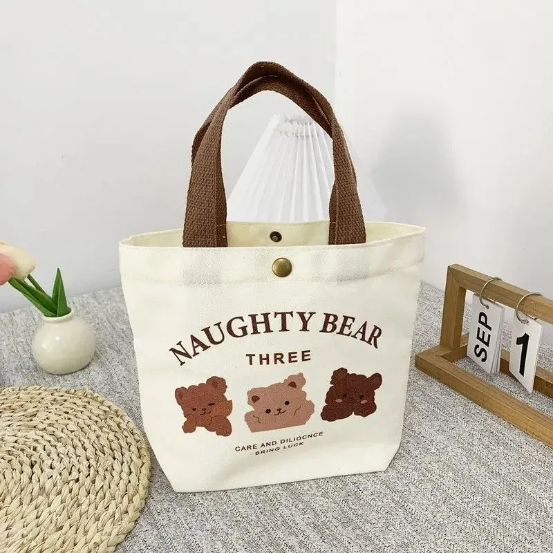 sac fourre-tout mini en toile motif ours mignon, sac à déjeuner esthétique kawaii pour femmes et filles, sac à main scolaire réutilisable pour étudiantes, cadeau