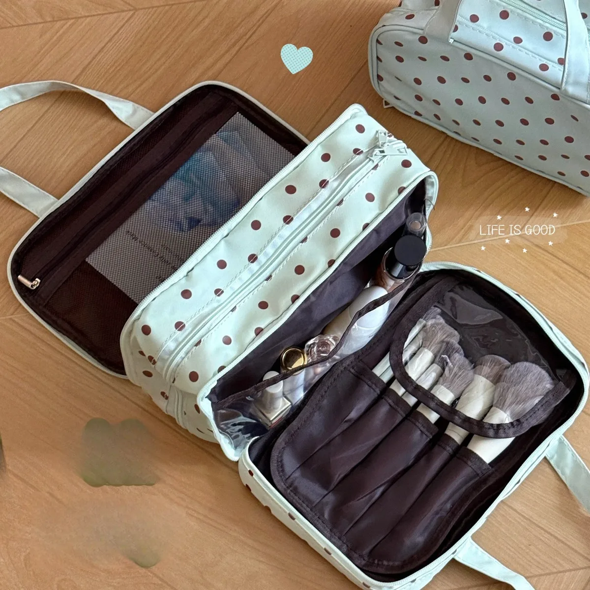 trousse de maquillage vert menthe à pois, grande capacité, compartiment à trois couches, sac de rangement étanche