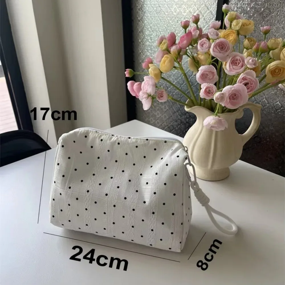 trousse de maquillage portable à pois noirs style doux grande capacité sac de toilette pochette de rangement à fermeture éclair organisateur cosmétique
